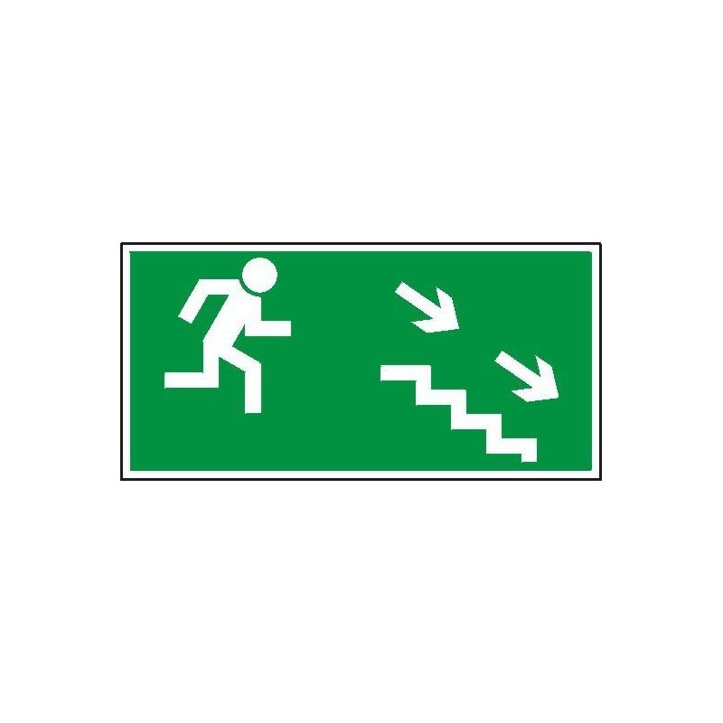Kierunek do wyjścia drogi ewakuacyjnej schodami w dół w prawo. Płyta fluorestencyjna 15x30 cm	