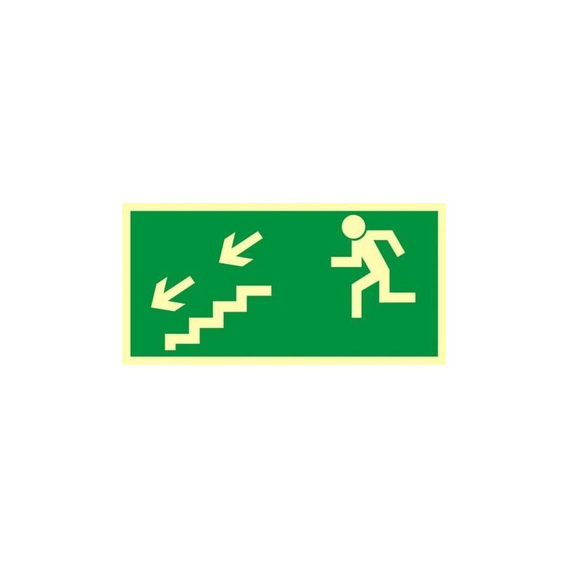 Kierunek do wyjścia drogi ewakuacyjnej schodami w dół w lewo. Płyta fluorestencyjna 15x30 cm